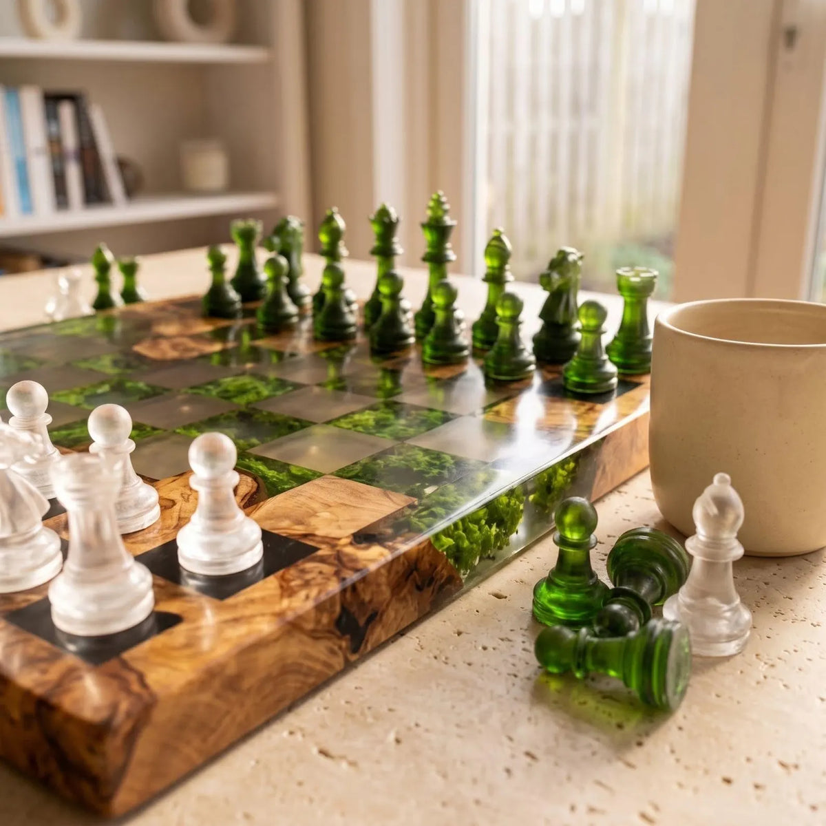 Luxury Moss and Burl Wood Resin Chess Set with 32 Handmade Pieces and Artistic Epoxy Board