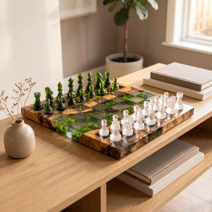 Luxury Moss and Burl Wood Resin Chess Set with 32 Handmade Pieces and Artistic Epoxy Board