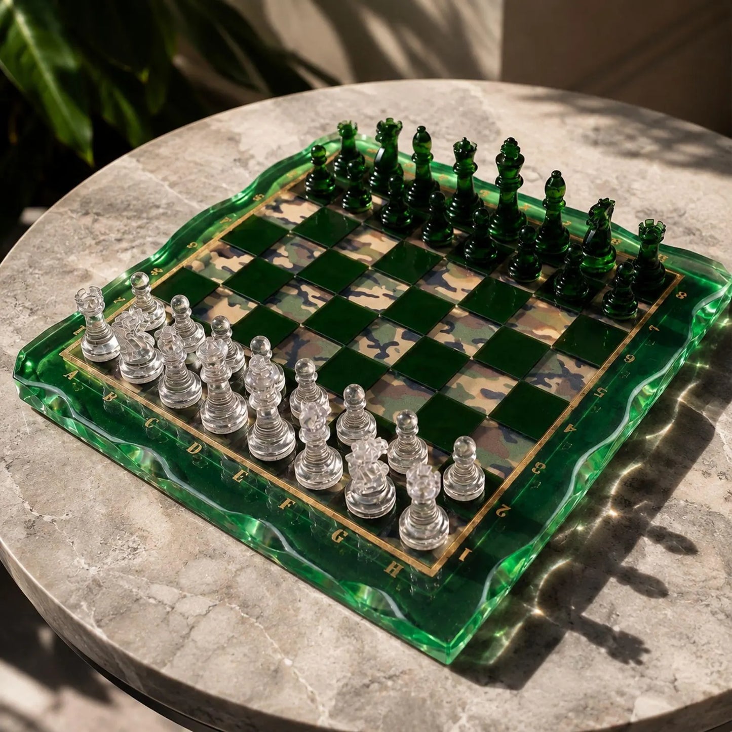 Custom Camouflage Epoxy Chess Board with Handmade Resin Set and Crystal Clear Chess Pieces