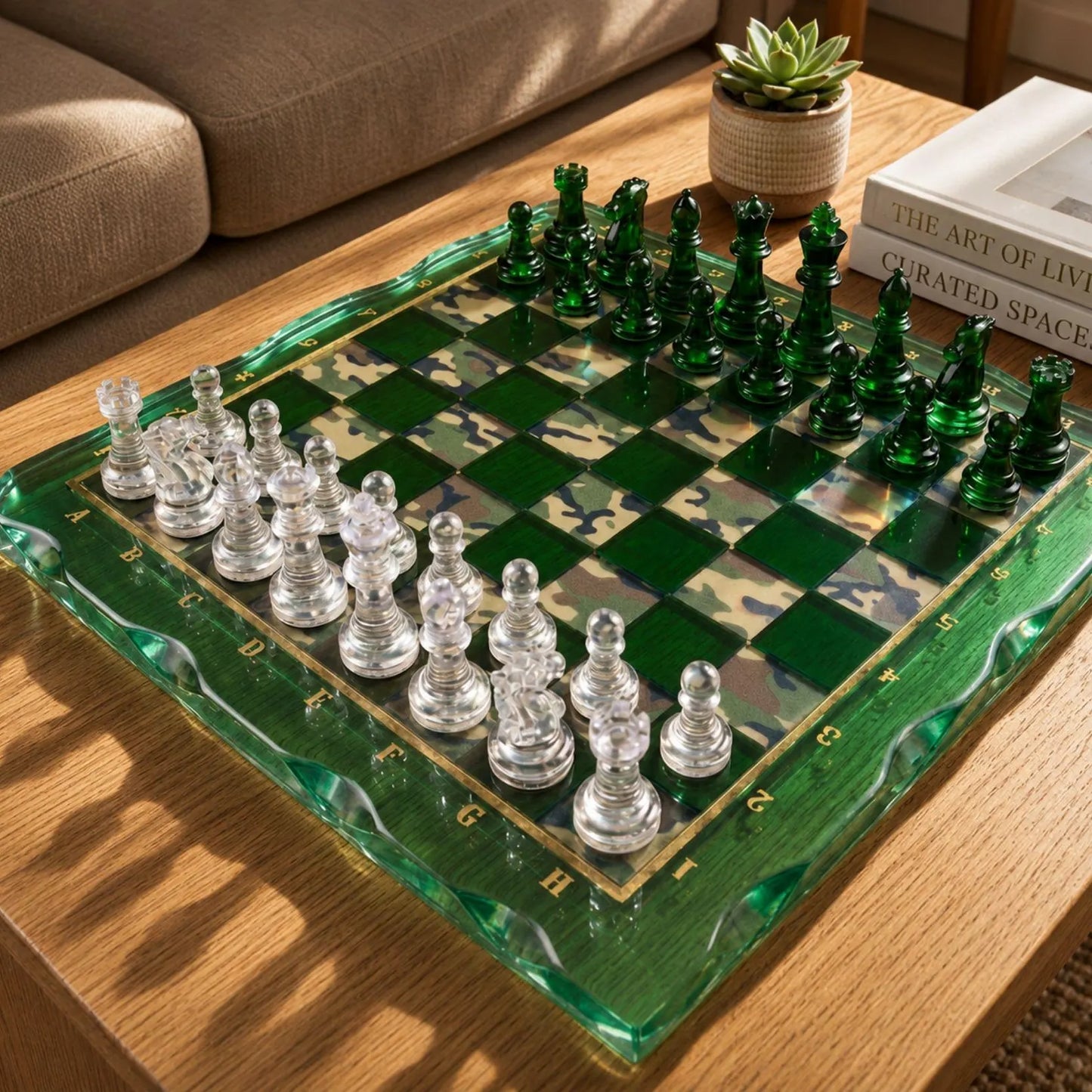 Custom Camouflage Epoxy Chess Board with Handmade Resin Set and Crystal Clear Chess Pieces