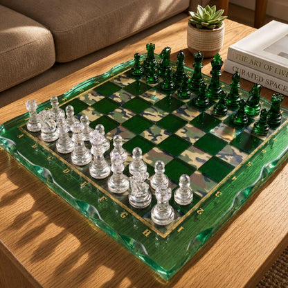 Custom Camouflage Epoxy Chess Board with Handmade Resin Set and Crystal Clear Chess Pieces
