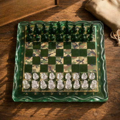 Custom Camouflage Epoxy Chess Board with Handmade Resin Set and Crystal Clear Chess Pieces