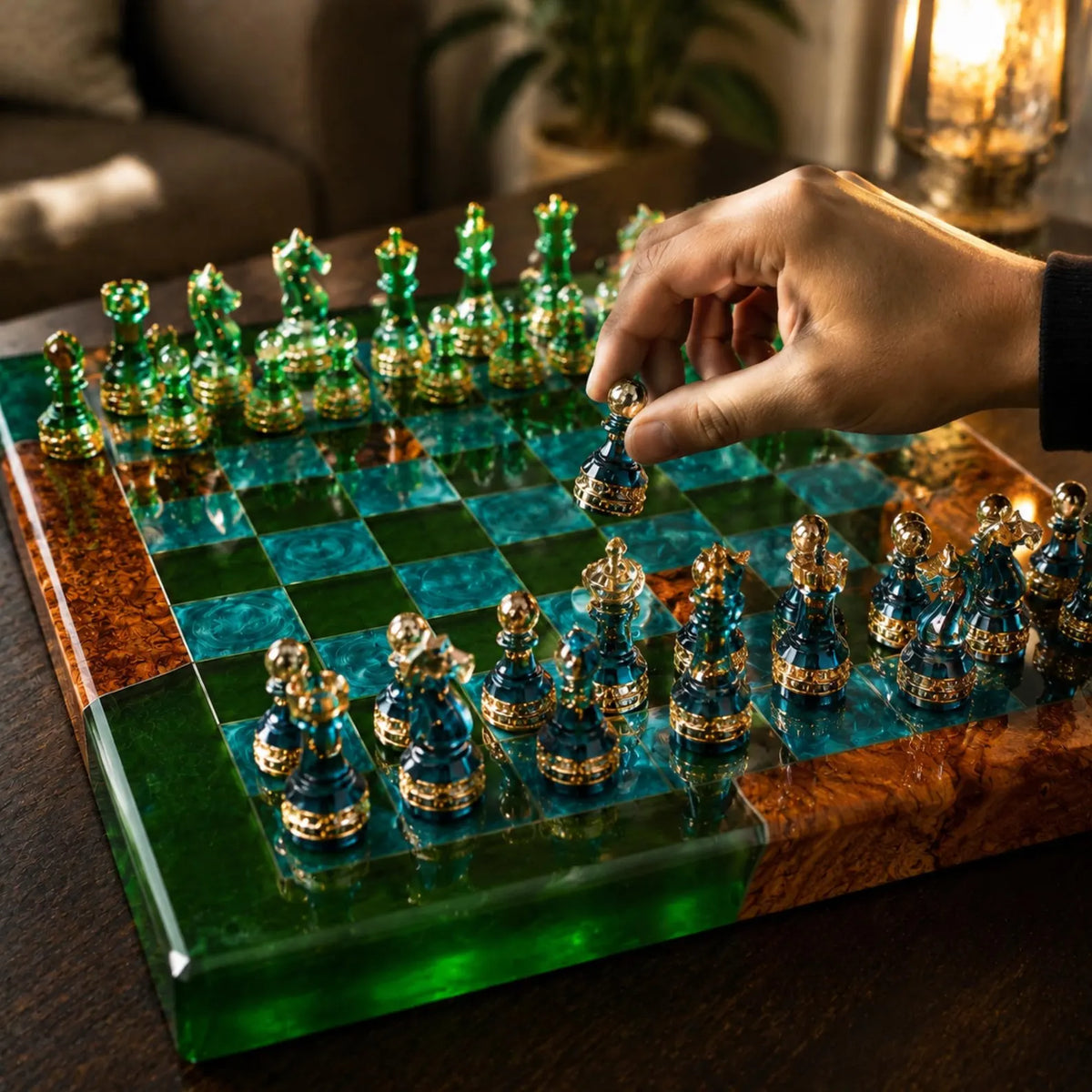 Green Emerald Ocean Resin Chess Set Handmade Epoxy Wood Board Luxury Chess Design