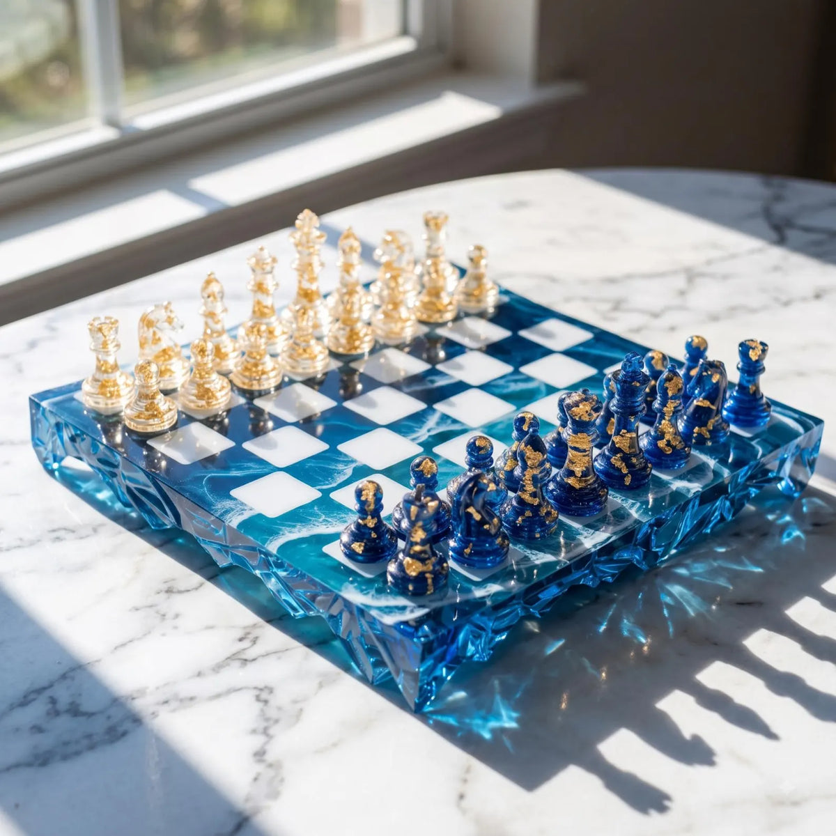 Modern Crystal Ocean Resin Chess Set with Handmade Epoxy Chess Board and Transparent Pieces