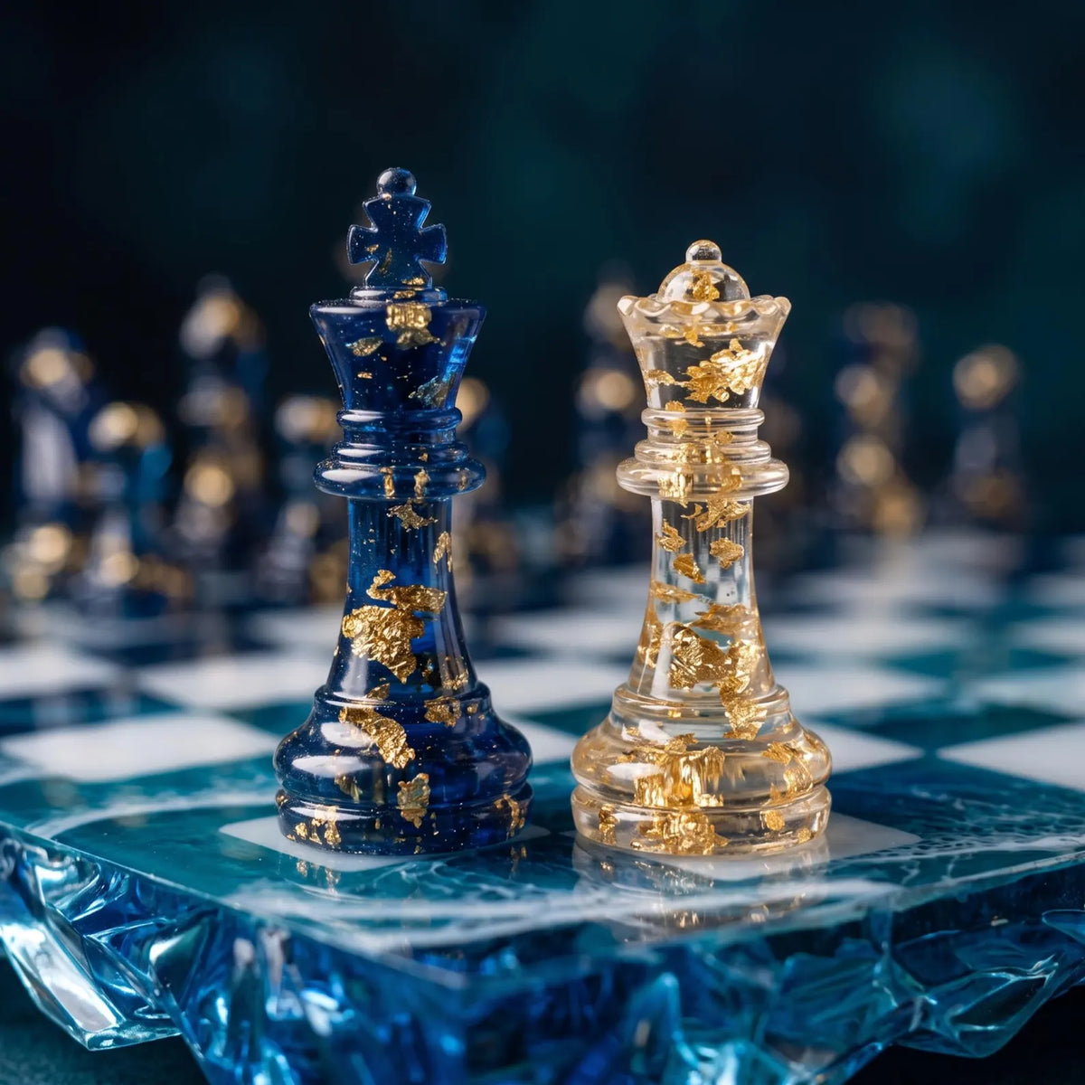 Modern Crystal Ocean Resin Chess Set with Handmade Epoxy Chess Board and Transparent Pieces