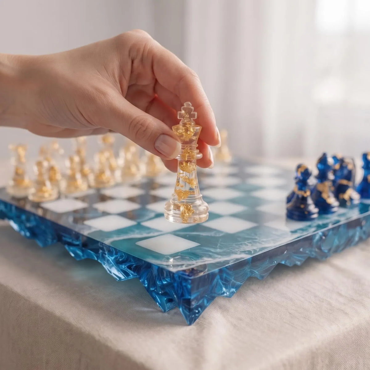 Modern Crystal Ocean Resin Chess Set with Handmade Epoxy Chess Board and Transparent Pieces