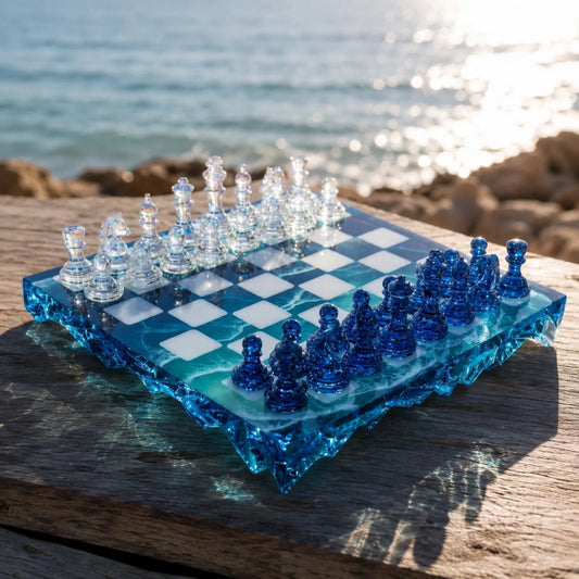 Blue Ocean Resin Chess Set with Clear Epoxy Board and Blue Crystal Pieces Handmade Design