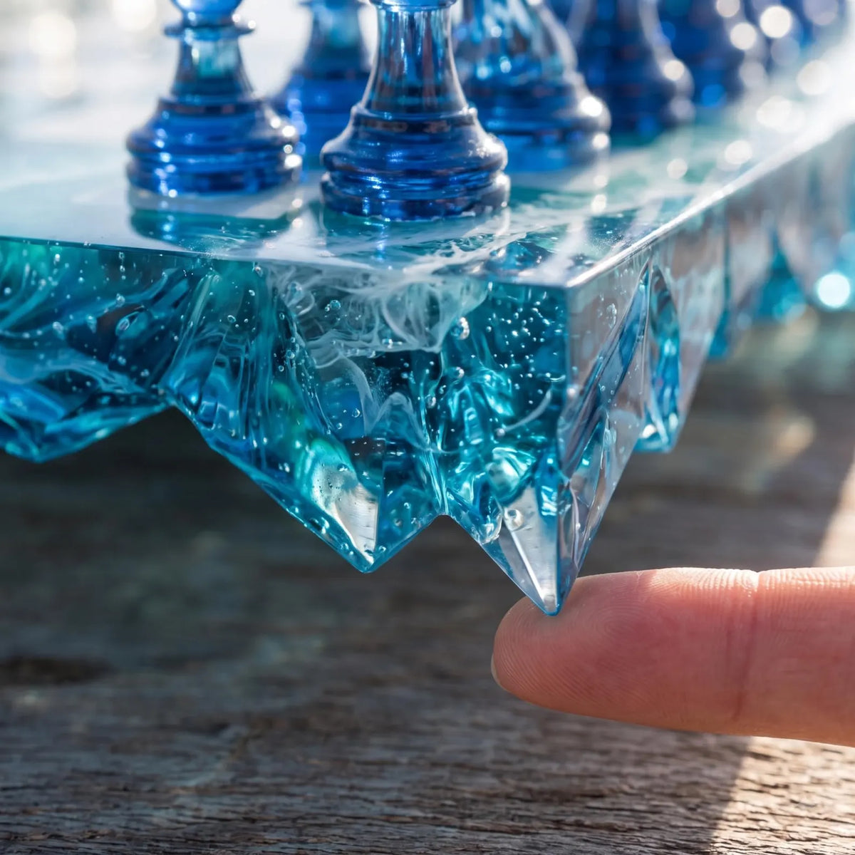 Blue Ocean Resin Chess Set with Clear Epoxy Board and Blue Crystal Pieces Handmade Design