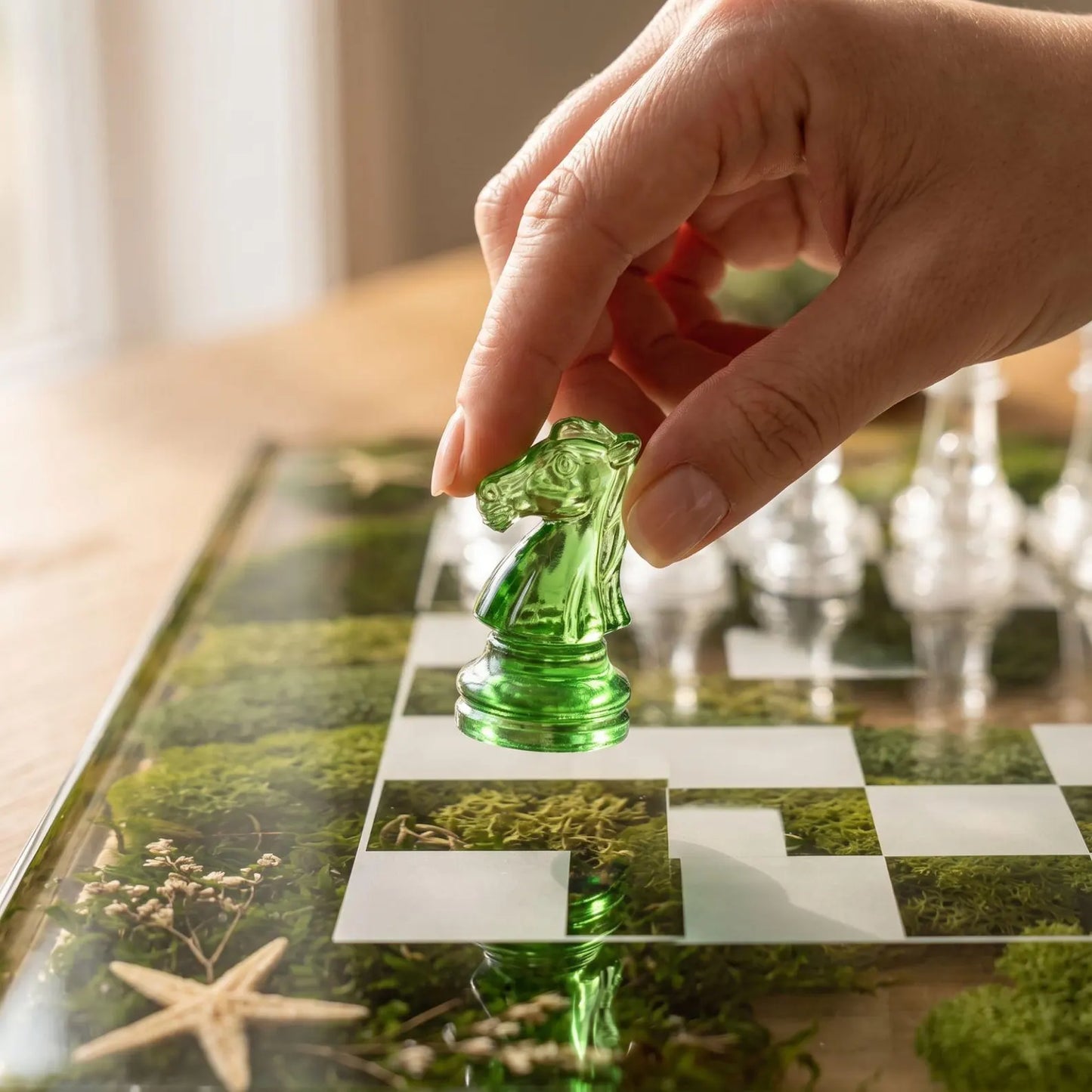 Luxury Clear Resin Chess Set with Moss, Starfish and Emerald Glass Chessboard Handmade Design