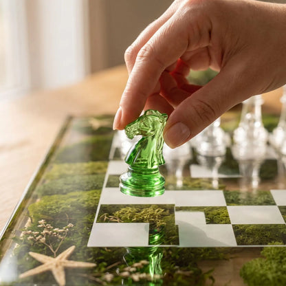 Luxury Clear Resin Chess Set with Moss, Starfish and Emerald Glass Chessboard Handmade Design