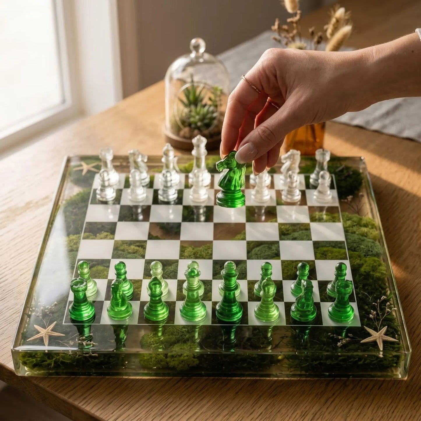 Luxury Clear Resin Chess Set with Moss, Starfish and Emerald Glass Chessboard Handmade Design