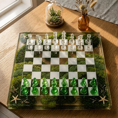 Luxury Clear Resin Chess Set with Moss, Starfish and Emerald Glass Chessboard Handmade Design