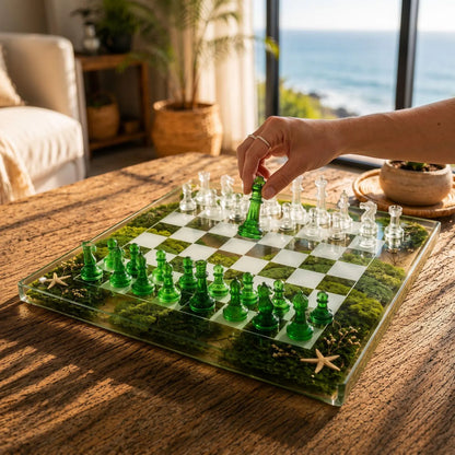 Luxury Clear Resin Chess Set with Moss, Starfish and Emerald Glass Chessboard Handmade Design
