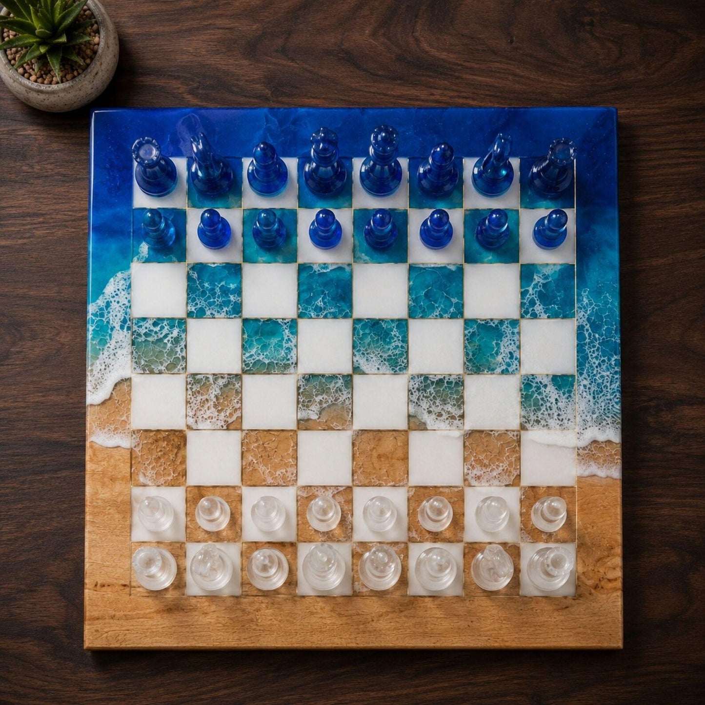 Handcrafted Ocean Blue Resin Chess Set – Luxury Epoxy Chess Board with Pieces