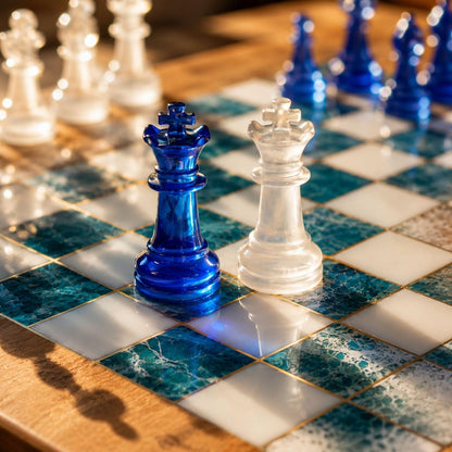 Handcrafted Ocean Blue Resin Chess Set – Luxury Epoxy Chess Board with Pieces