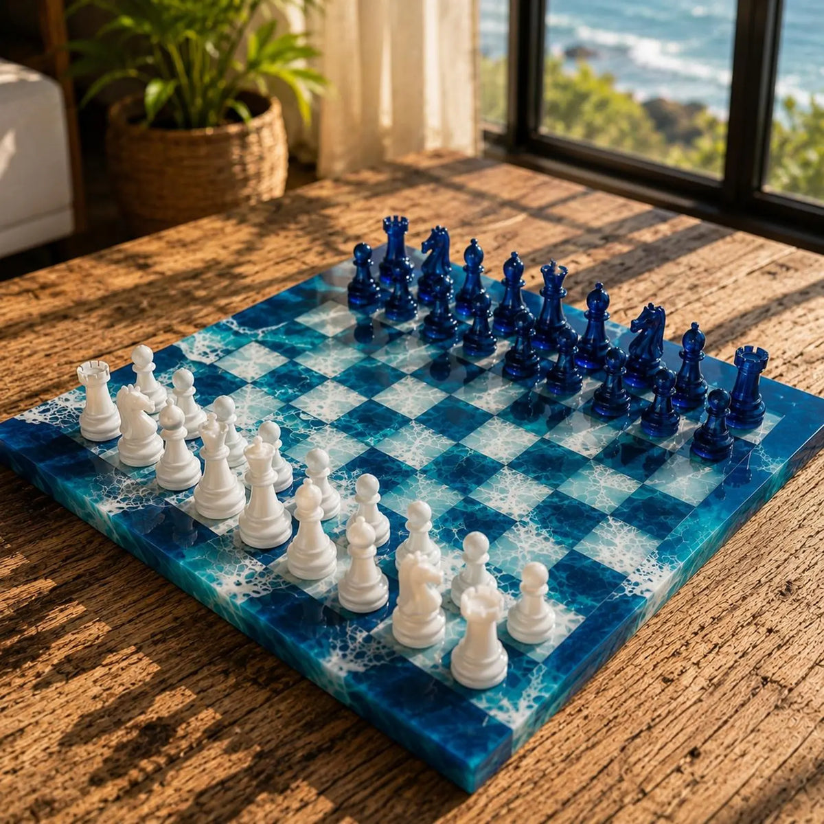 Luxury Blue Ocean Resin Chess Set Handmade Epoxy Wave Chess Board with Elegant Pieces Design