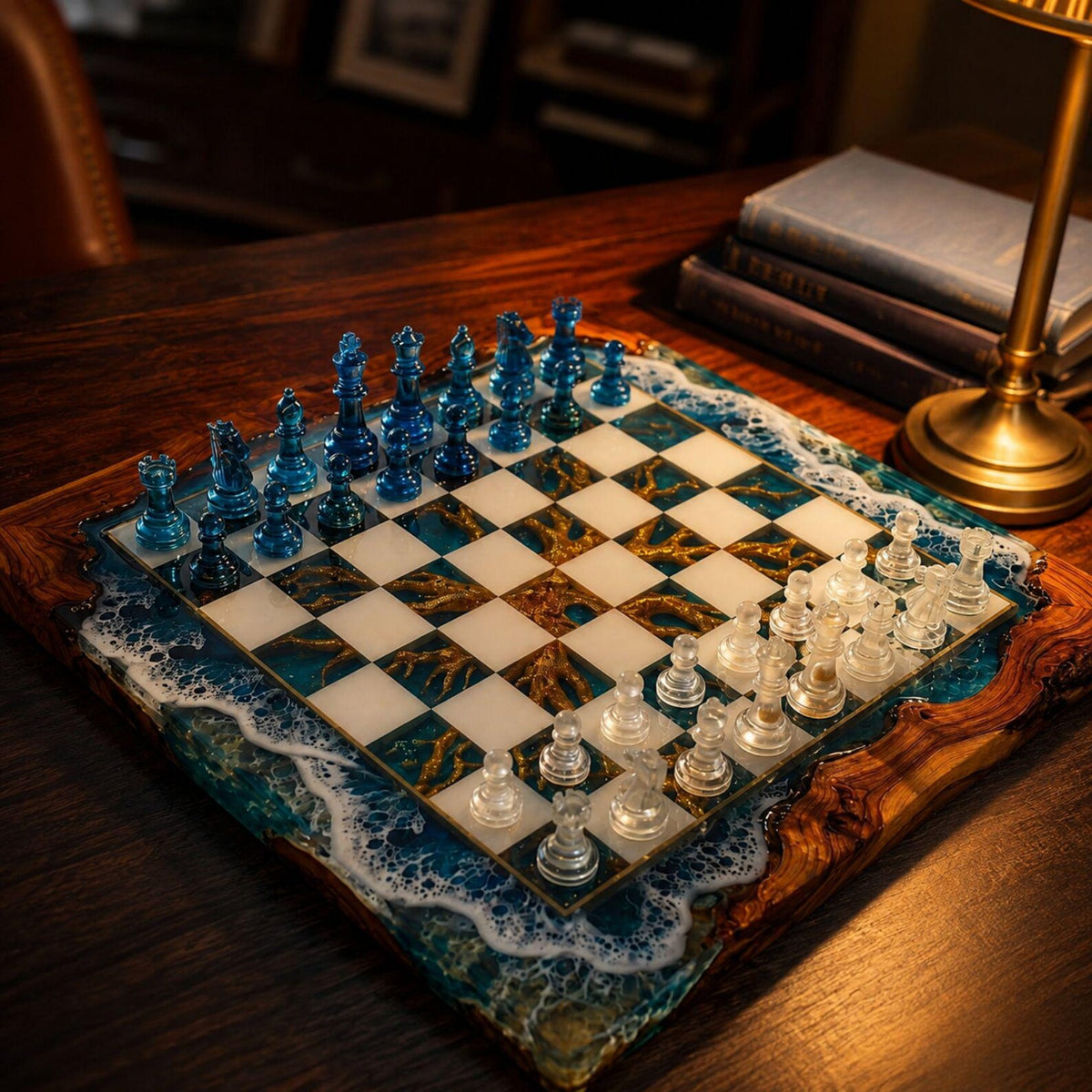 Luxury Ocean Wave Resin Chess Set Handmade Wood Epoxy Coastal Board Elegant Chess Design