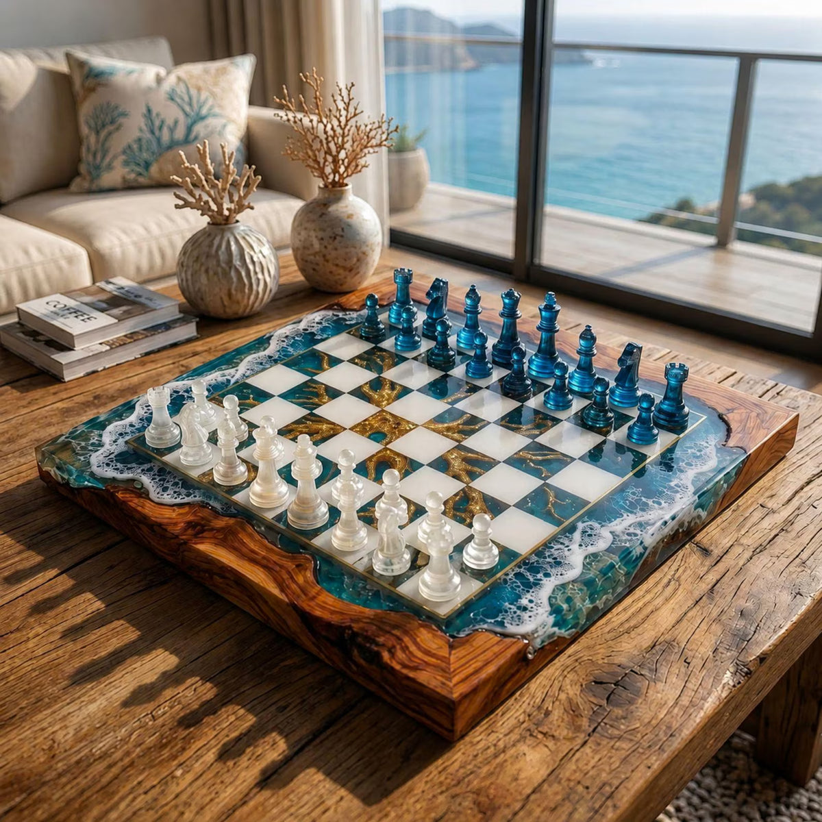 Luxury Ocean Wave Resin Chess Set Handmade Wood Epoxy Coastal Board Elegant Chess Design