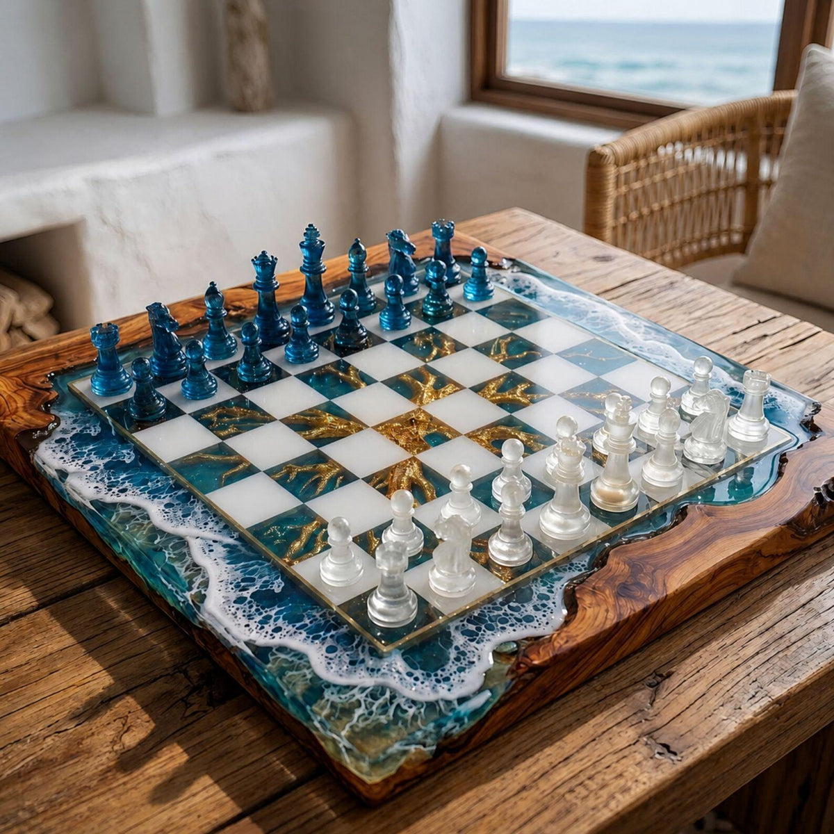 Luxury Ocean Wave Resin Chess Set Handmade Wood Epoxy Coastal Board Elegant Chess Design
