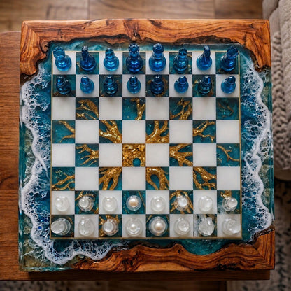 Luxury Ocean Wave Resin Chess Set Handmade Wood Epoxy Coastal Board Elegant Chess Design