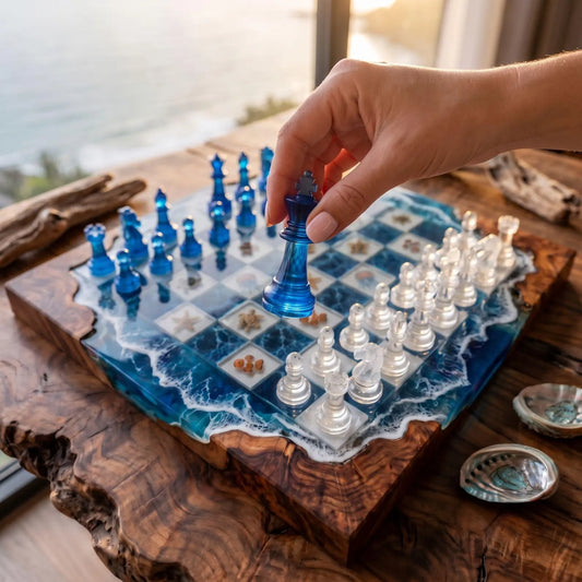 Luxury Underwater Sea Life Resin Chess Set with Jellyfish Coral Wood Board Blue Crystal Pieces