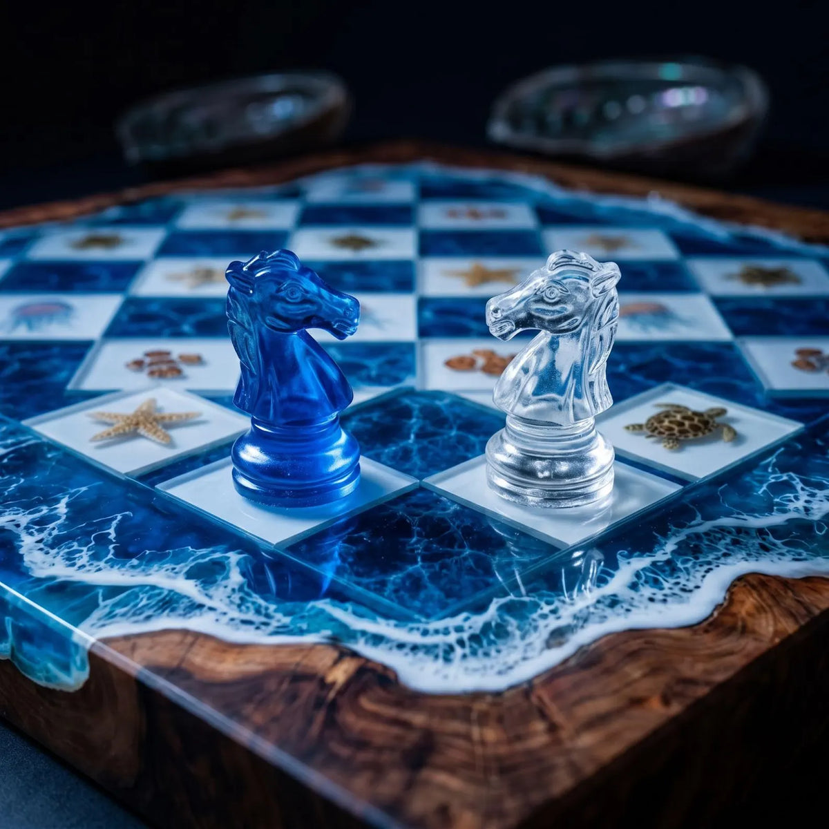 Luxury Underwater Sea Life Resin Chess Set with Jellyfish Coral Wood Board Blue Crystal Pieces