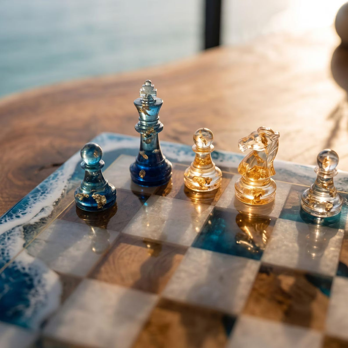 Luxury Ocean Wave Resin Chess Set with Marble Amber Epoxy Board and Blue Crystal Pieces