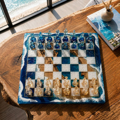 Luxury Ocean Wave Resin Chess Set with Marble Amber Epoxy Board and Blue Crystal Pieces