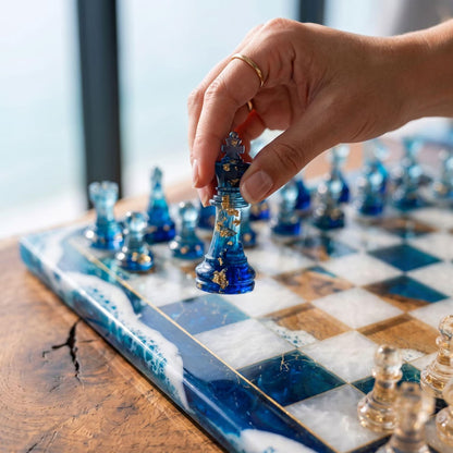 Luxury Ocean Wave Resin Chess Set with Marble Amber Epoxy Board and Blue Crystal Pieces