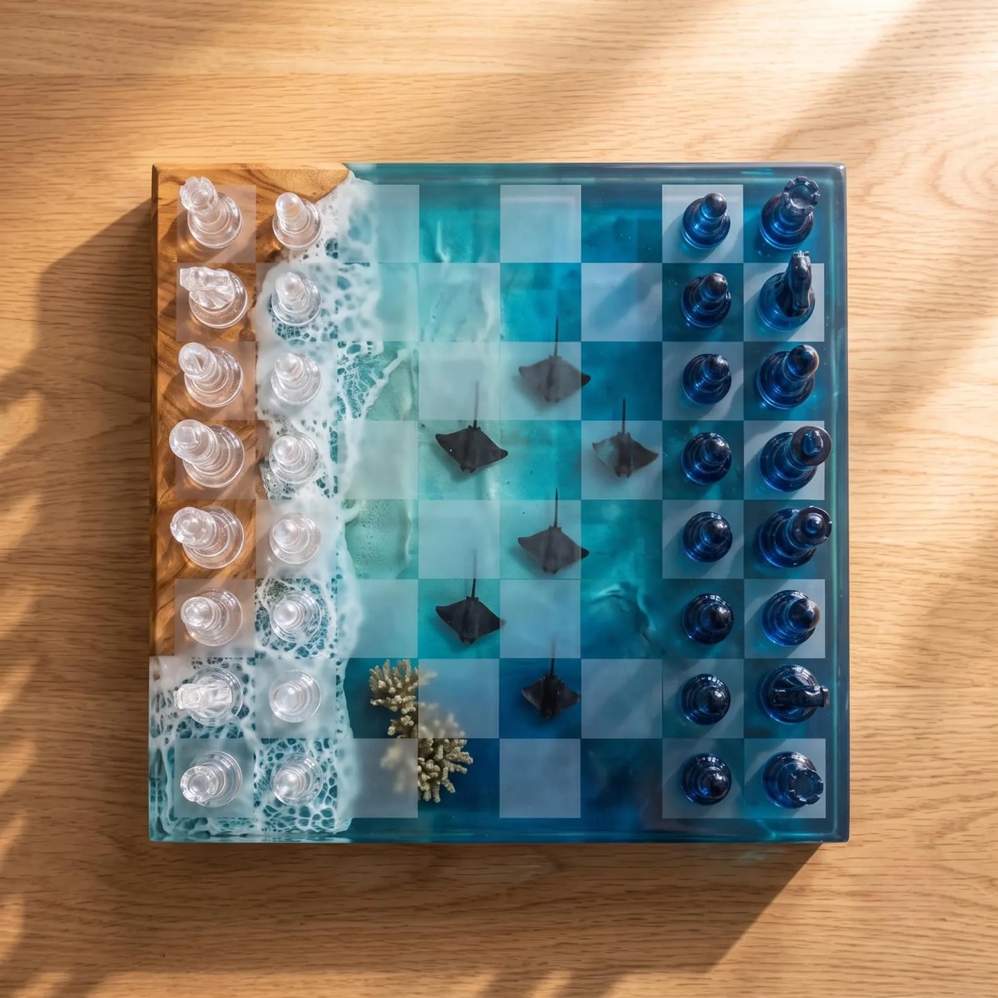 Manta Ray Ocean Chess Set – Handmade Wood and Resin Coastal Beach Chess Board Design