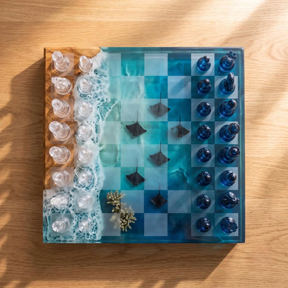 Manta Ray Ocean Chess Set – Handmade Wood and Resin Coastal Beach Chess Board Design