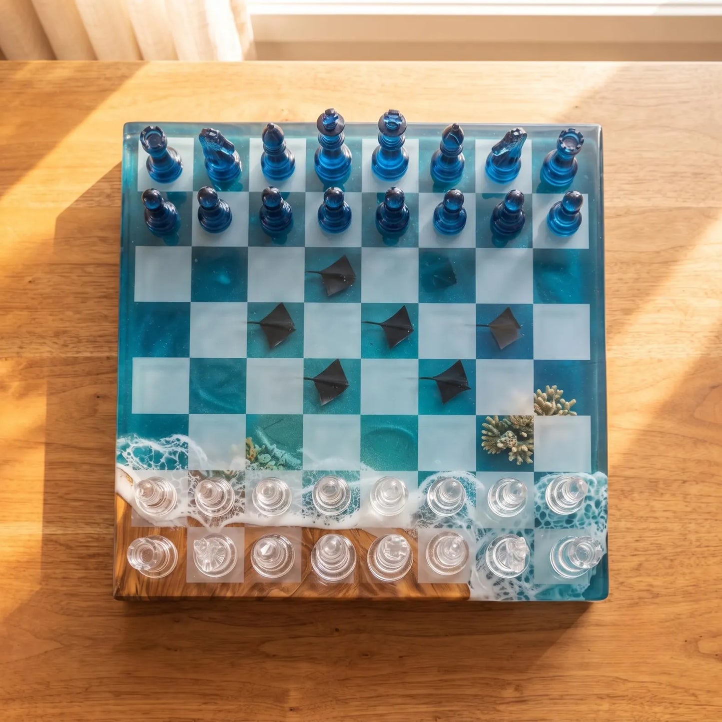 Manta Ray Ocean Chess Set – Handmade Wood and Resin Coastal Beach Chess Board Design