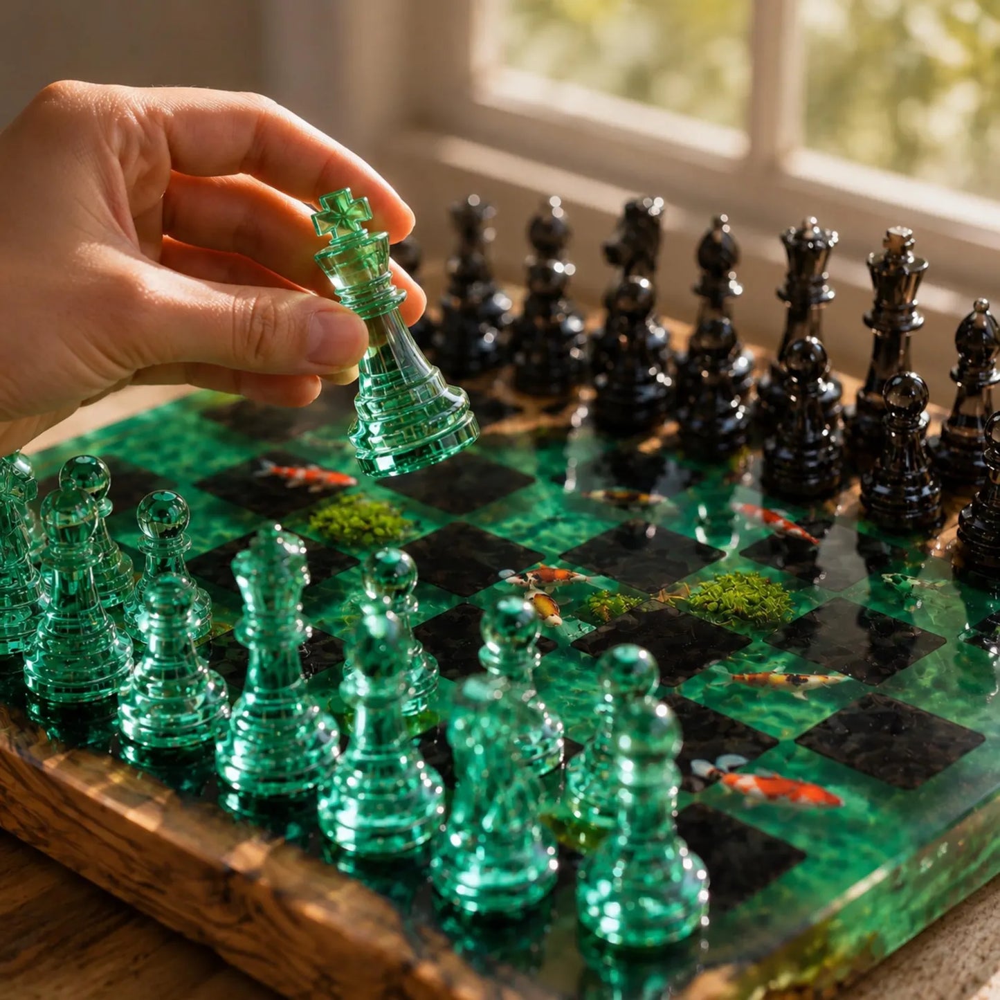 Handmade Koi Pond Resin Chess Set – Luxury Wood Epoxy Chess Board with Green & Black Pieces
