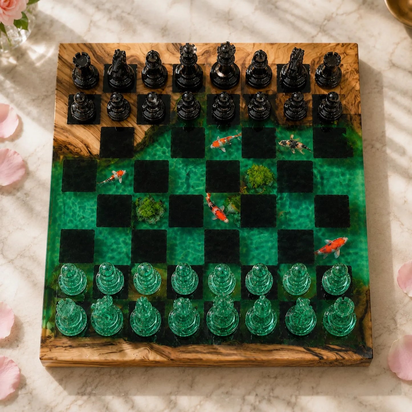 Handmade Koi Pond Resin Chess Set – Luxury Wood Epoxy Chess Board with Green & Black Pieces