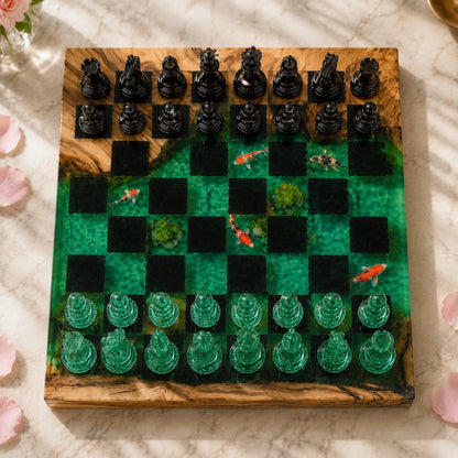 Handmade Koi Pond Resin Chess Set – Luxury Wood Epoxy Chess Board with Green & Black Pieces