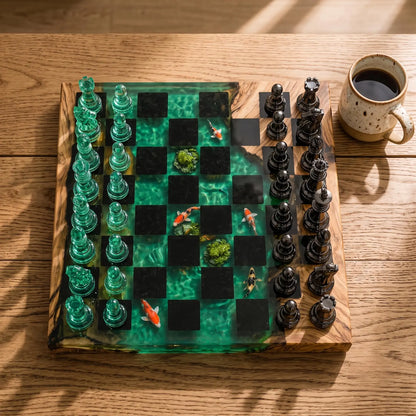 Handmade Koi Pond Resin Chess Set – Luxury Wood Epoxy Chess Board with Green & Black Pieces
