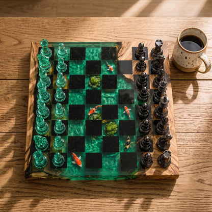 Handmade Koi Pond Resin Chess Set – Luxury Wood Epoxy Chess Board with Green & Black Pieces