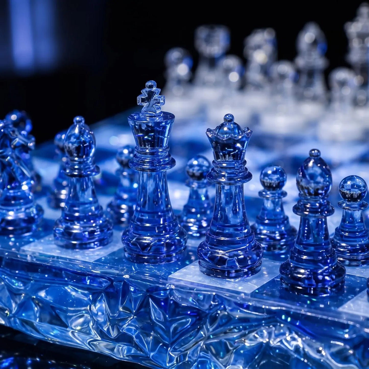 Handmade Ocean Blue Resin Chess Set – Transparent Epoxy Chess Board with Blue and White Pieces