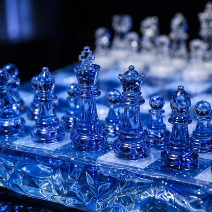 Handmade Ocean Blue Resin Chess Set – Transparent Epoxy Chess Board with Blue and White Pieces