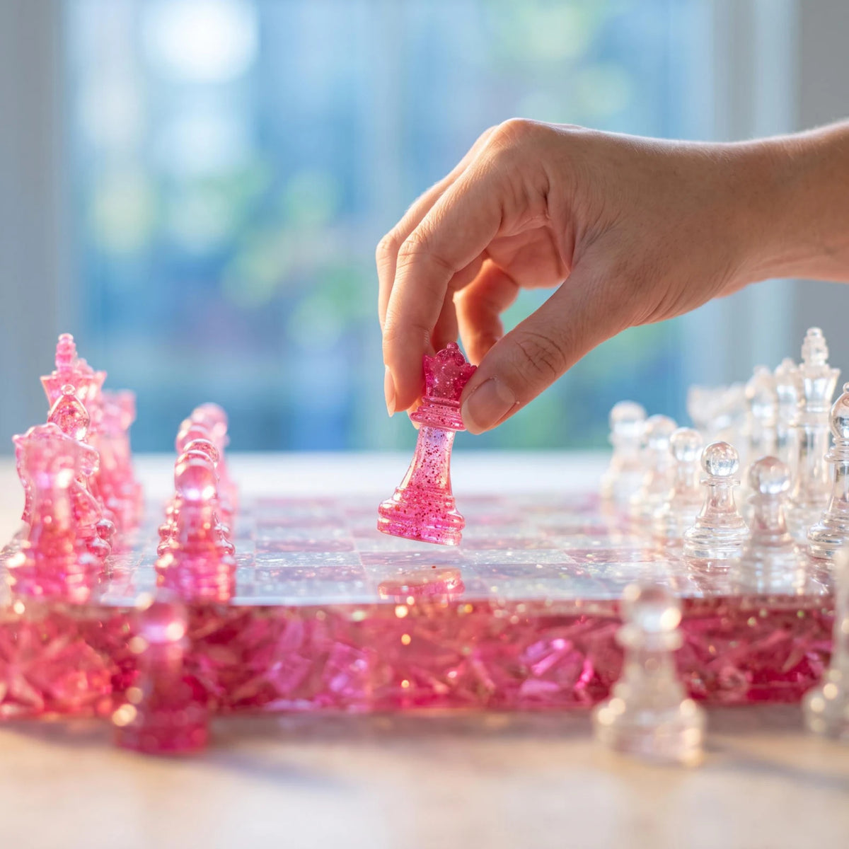 Pink Crystal Resin Chess Set Handmade Glitter Epoxy Chess Board Luxury Chess Game Decor Design