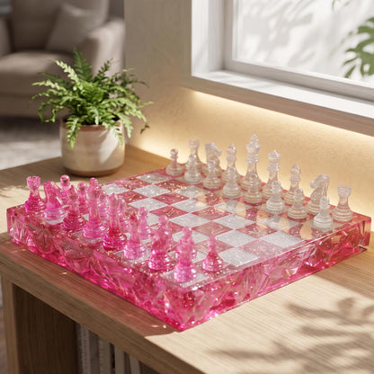 Pink Crystal Resin Chess Set Handmade Glitter Epoxy Chess Board Luxury Chess Game Decor Design