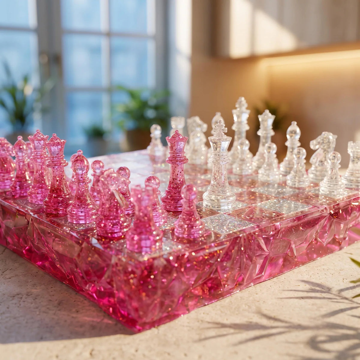 Pink Crystal Resin Chess Set Handmade Glitter Epoxy Chess Board Luxury Chess Game Decor Design