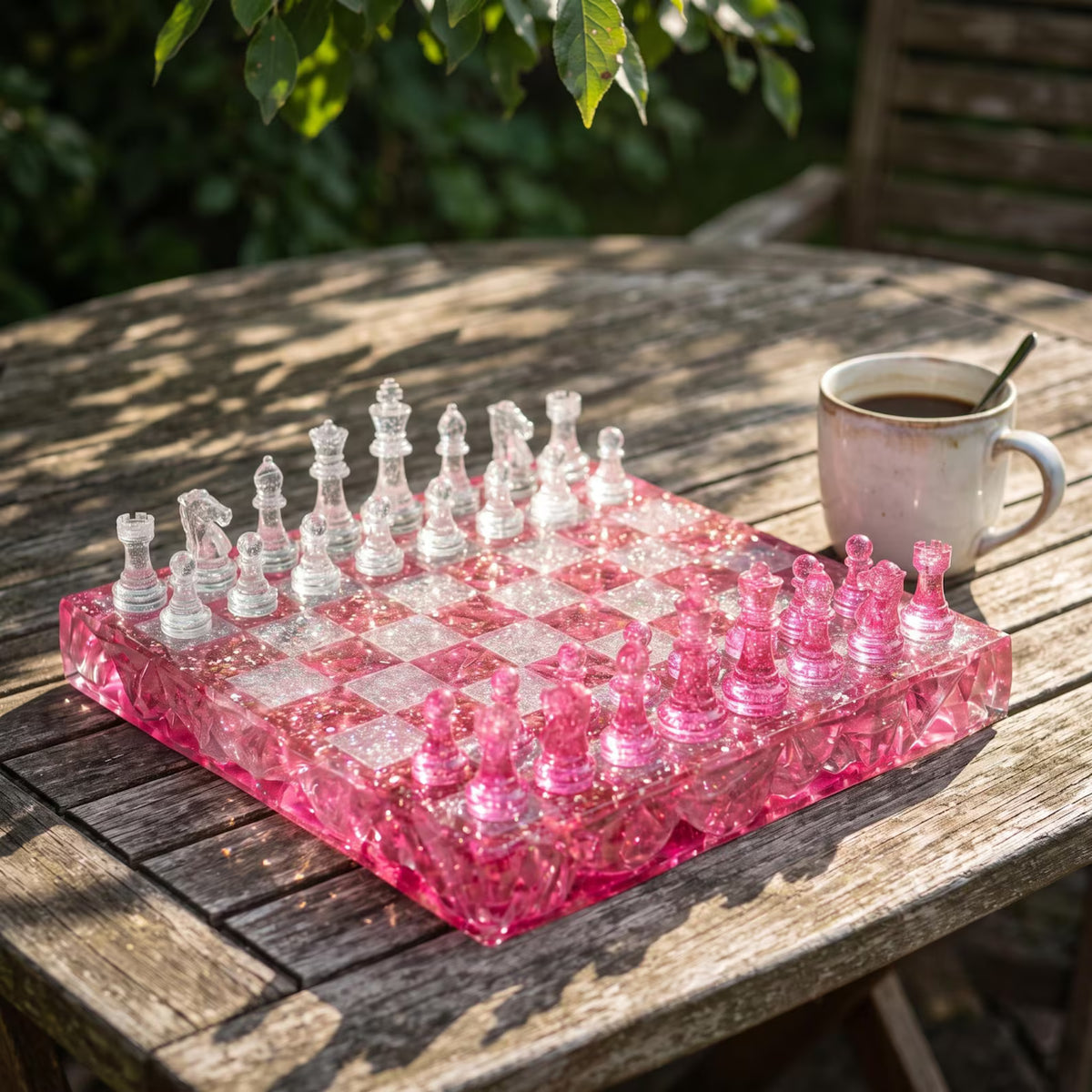 Pink Crystal Resin Chess Set Handmade Glitter Epoxy Chess Board Luxury Chess Game Decor Design