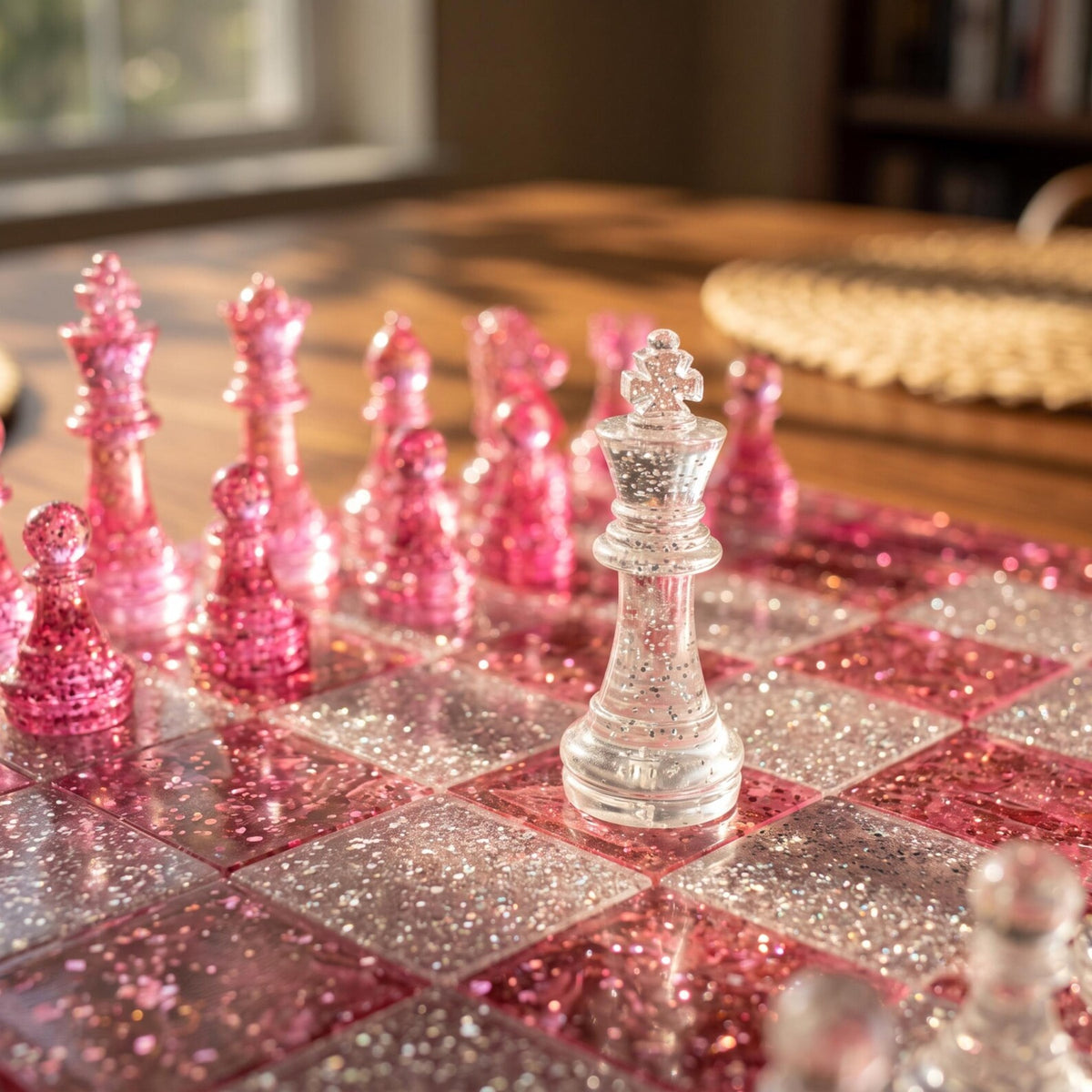 Pink Crystal Resin Chess Set Handmade Glitter Epoxy Chess Board Luxury Chess Game Decor Design