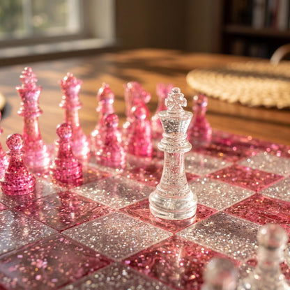 Pink Crystal Resin Chess Set Handmade Glitter Epoxy Chess Board Luxury Chess Game Decor Design