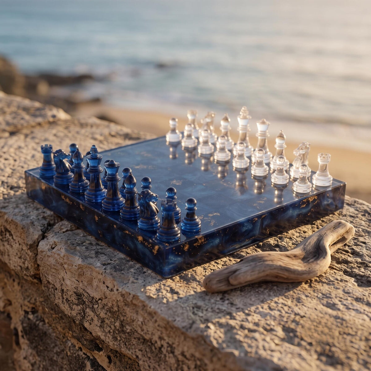 Luxury Blue Resin Chess Set with Handmade Epoxy Board and Elegant Gold Flake Chess Pieces