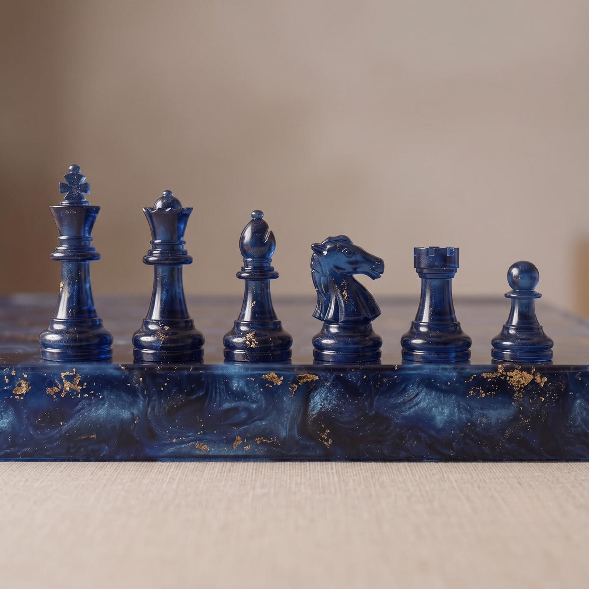 Luxury Blue Resin Chess Set with Handmade Epoxy Board and Elegant Gold Flake Chess Pieces