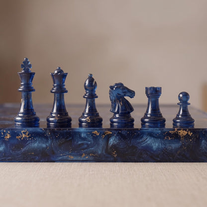 Luxury Blue Resin Chess Set with Handmade Epoxy Board and Elegant Gold Flake Chess Pieces