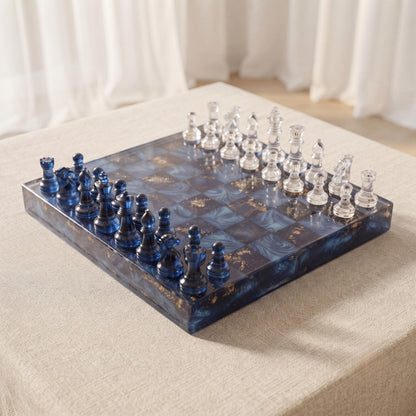 Luxury Blue Resin Chess Set with Handmade Epoxy Board and Elegant Gold Flake Chess Pieces