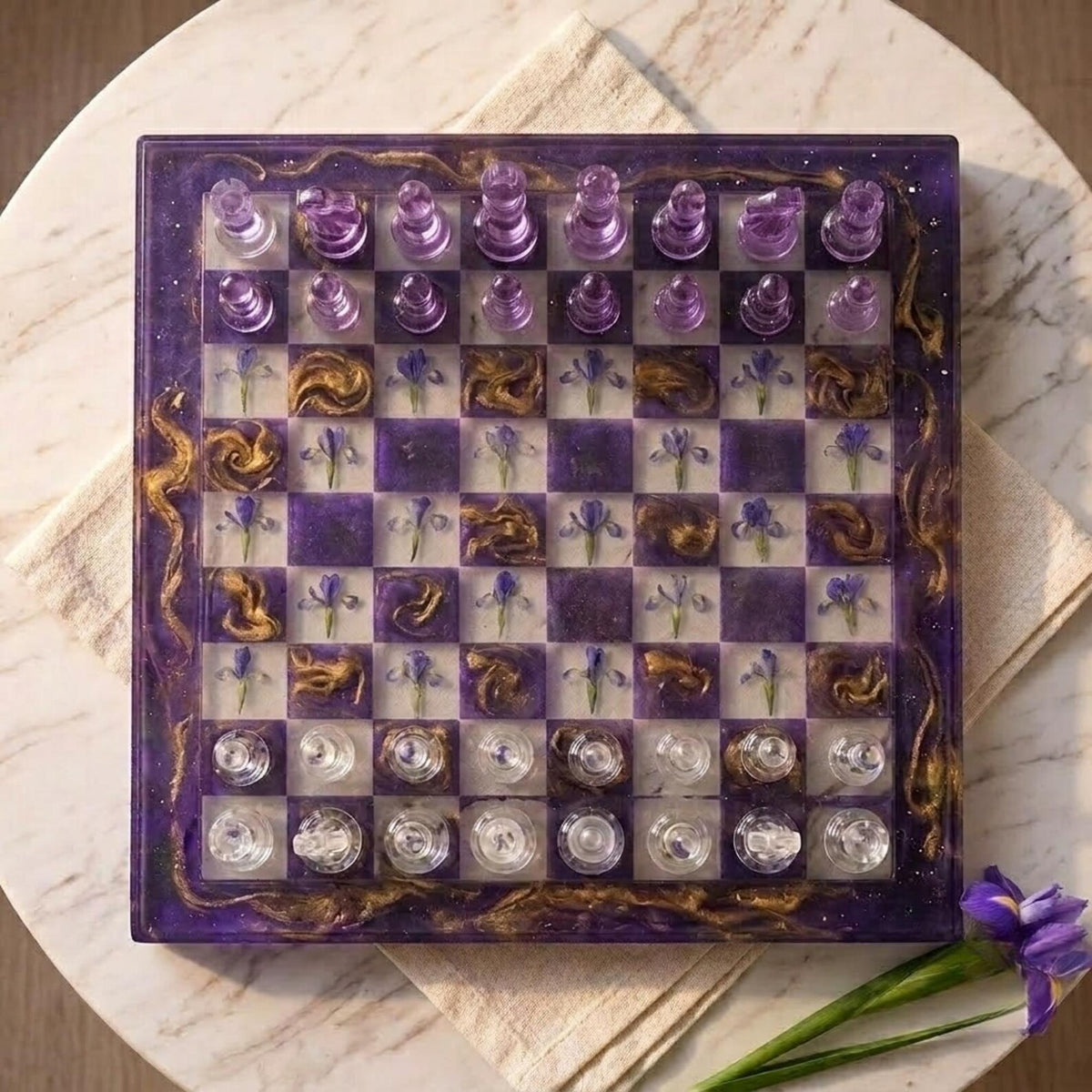 Handmade Purple Resin Chess Set with Floral Epoxy Board and Elegant Artistic Chess Pieces